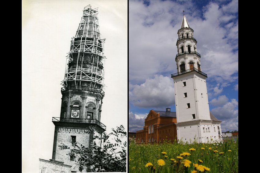 Башня время от времени ремонтируется (фото 1970-х годов - слева). Сейчас она выглядит как на фото справа.   / Родина