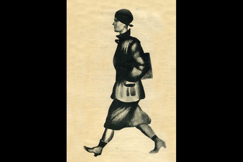 Дама-"комиссарша". Она одета в "кожанку", на голове - красный платок. Шарж 1920-х годов.  / Коллекция О.А. Хорошиловой.