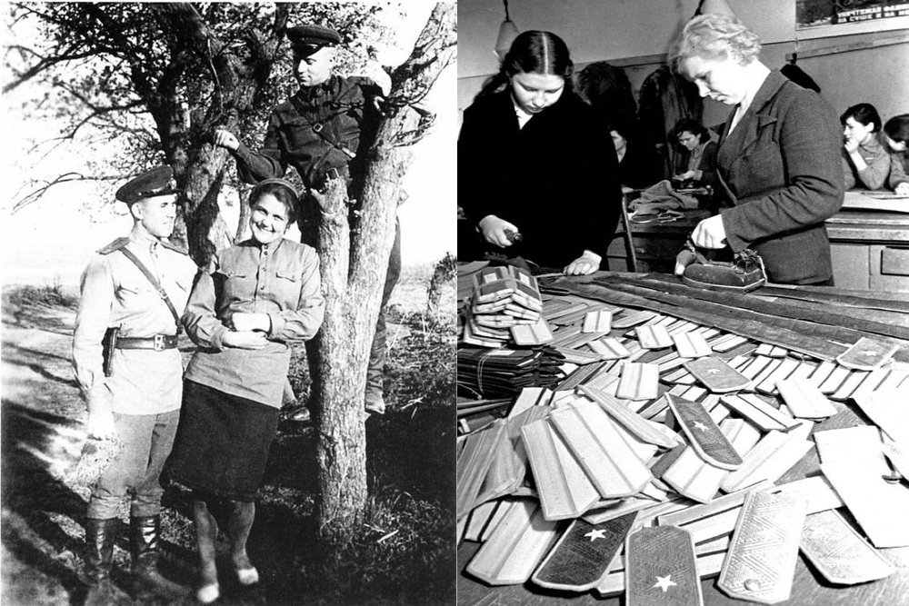 Приказ о новых знаках различия был подписан 6 января 1943 года. Но погон сразу на всех не хватило. / Работники швейной мастерской за изготовлением погон. Москва, 1943 год.
