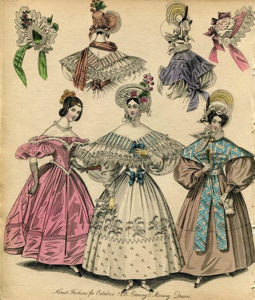 Английский журнал мод. Гравюра, раскрашенная акварелью. Октябрь 1833 года.